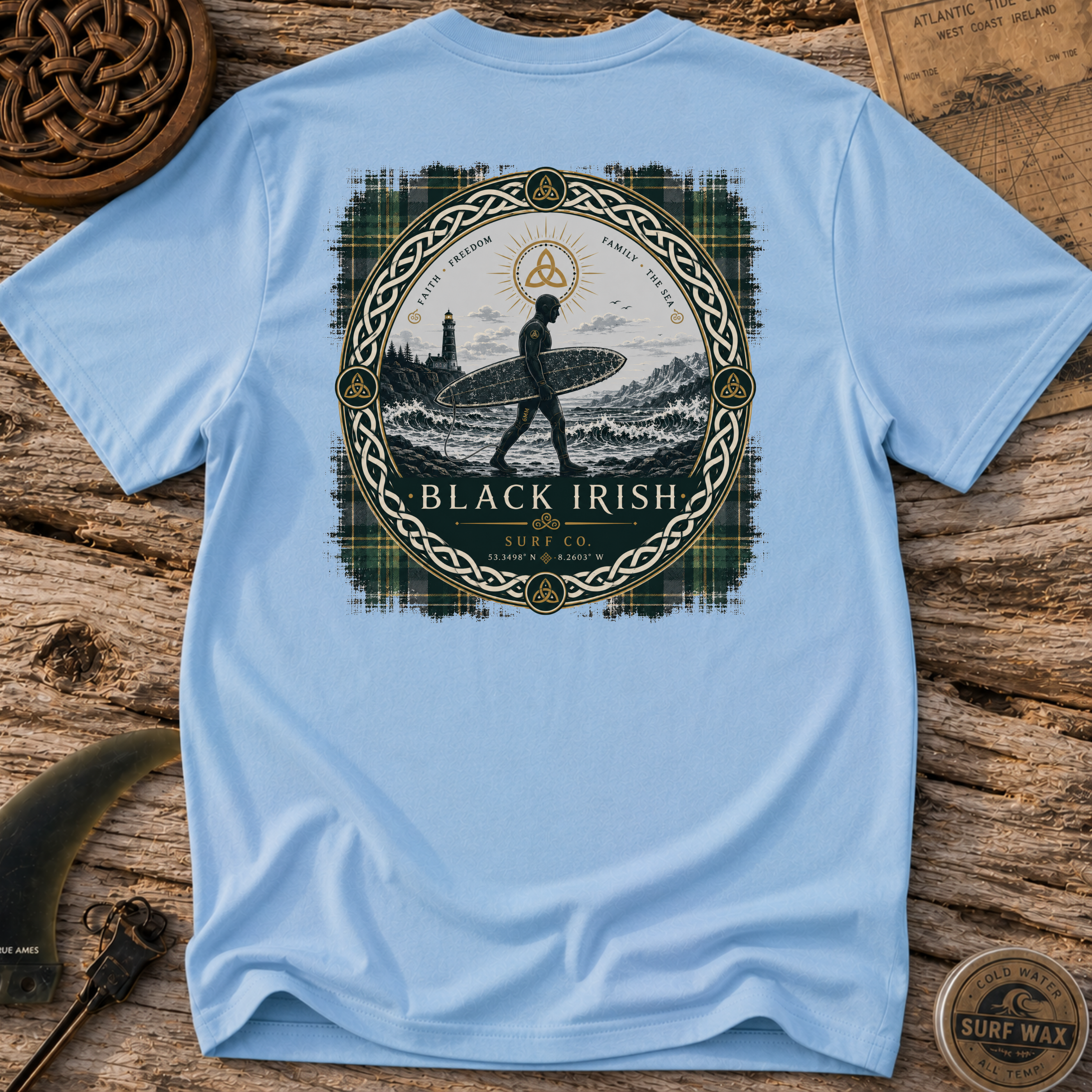 Black Irish Tartan Surfer Surfing T-shirt