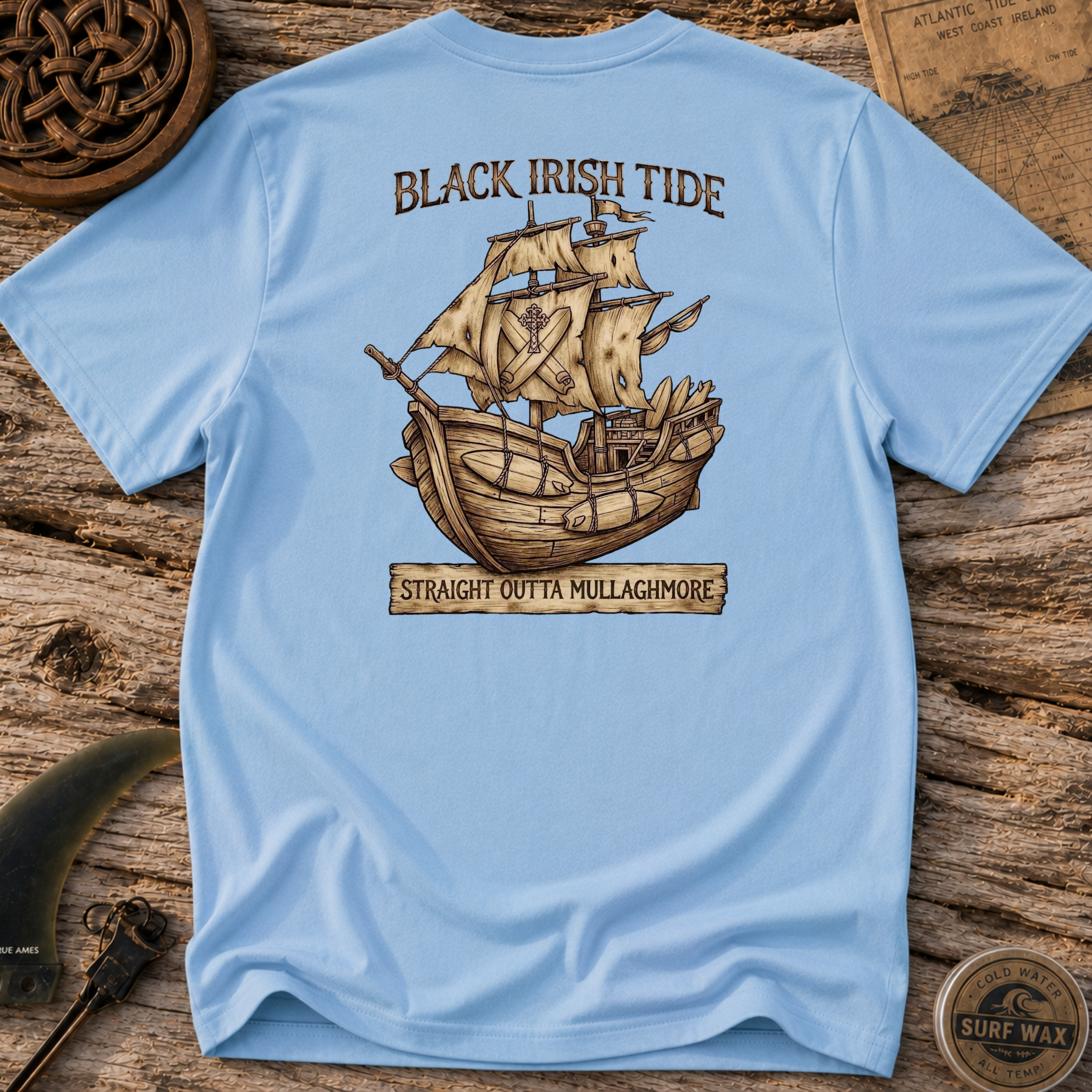 Black Irish Surf Pirate Ship Surfing T-shirt