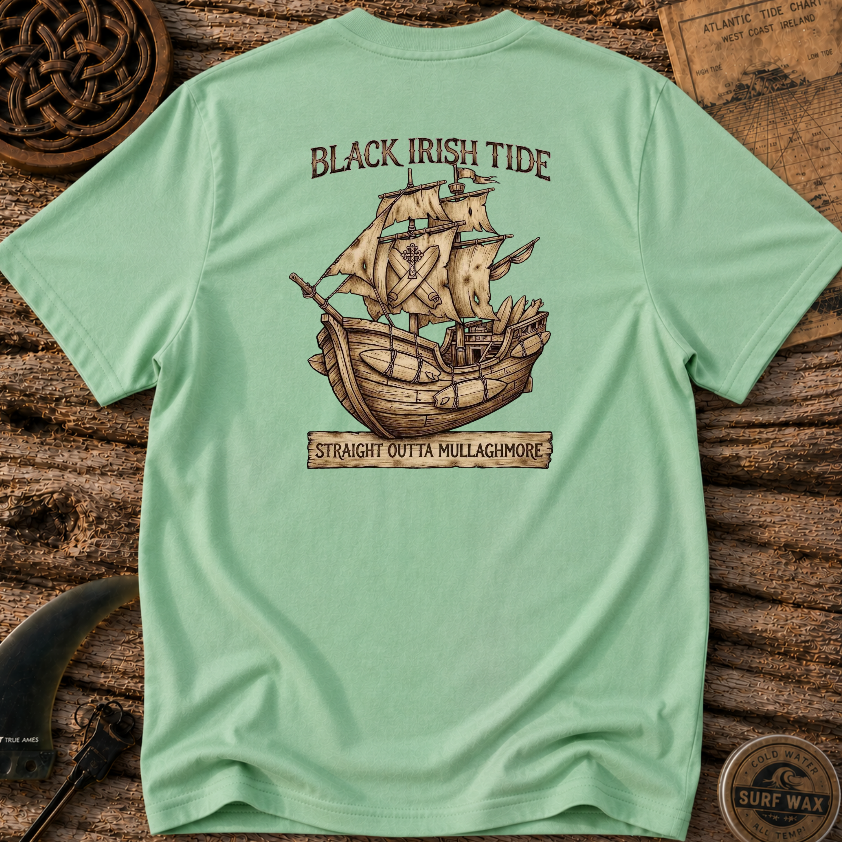Black Irish Surf Pirate Ship Surfing T-shirt