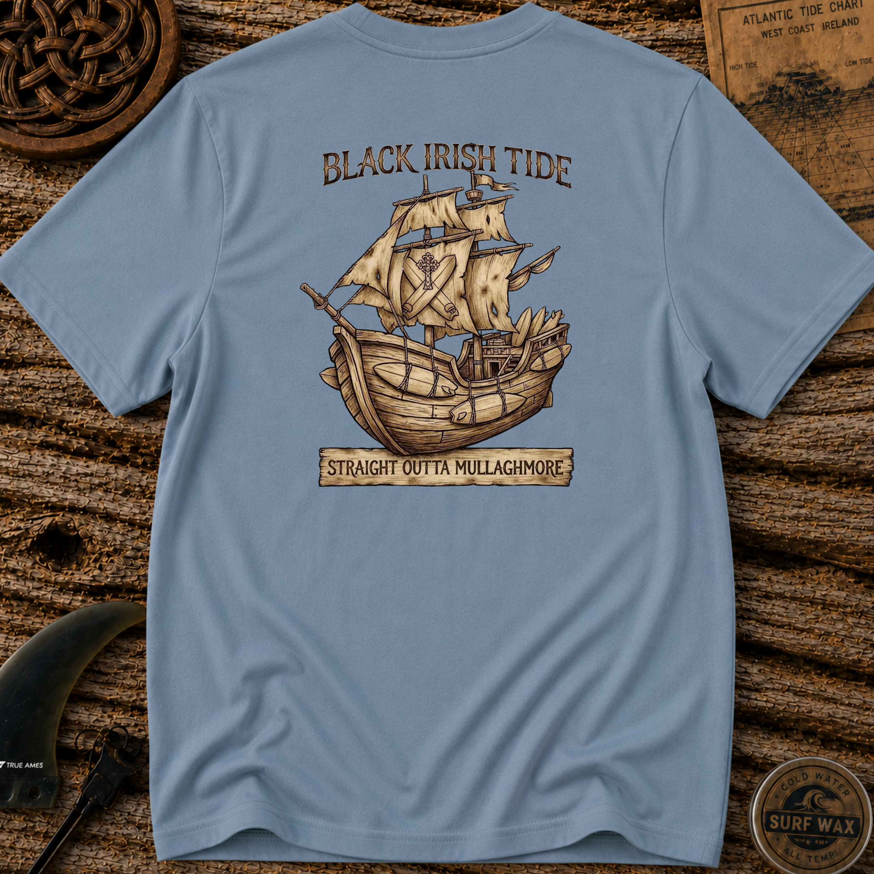 Black Irish Surf Pirate Ship Surfing T-shirt