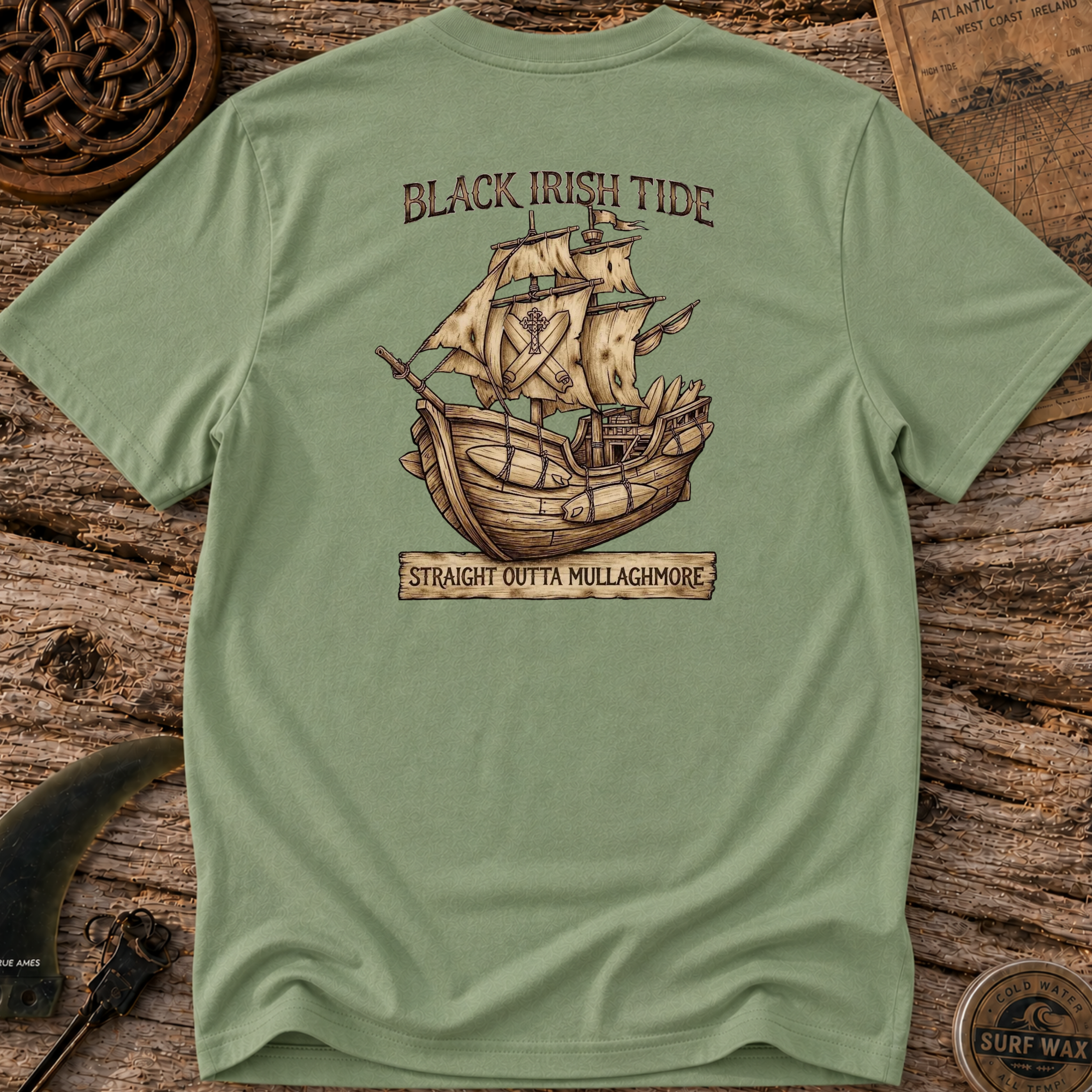 Black Irish Surf Pirate Ship Surfing T-shirt
