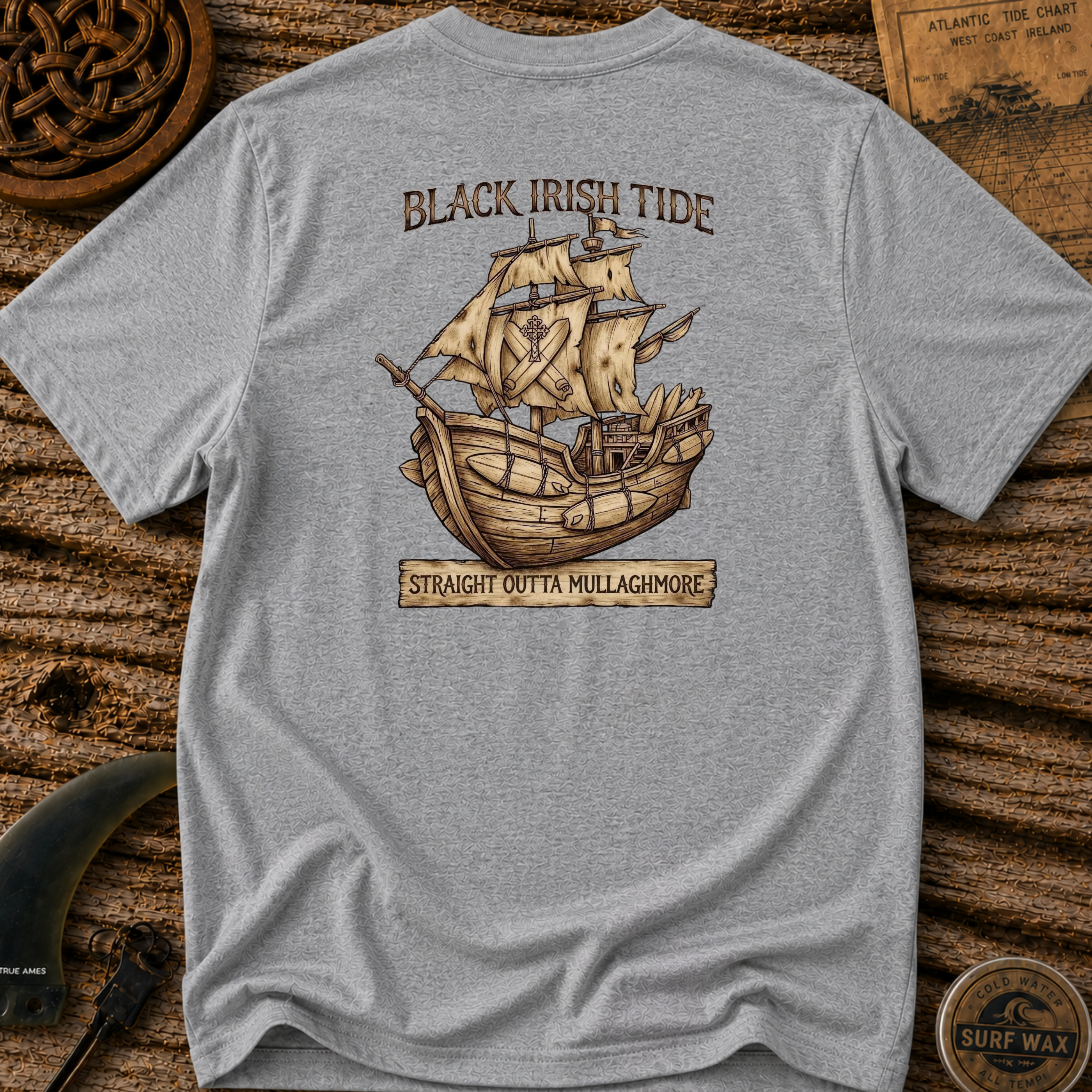 Black Irish Surf Pirate Ship Surfing T-shirt