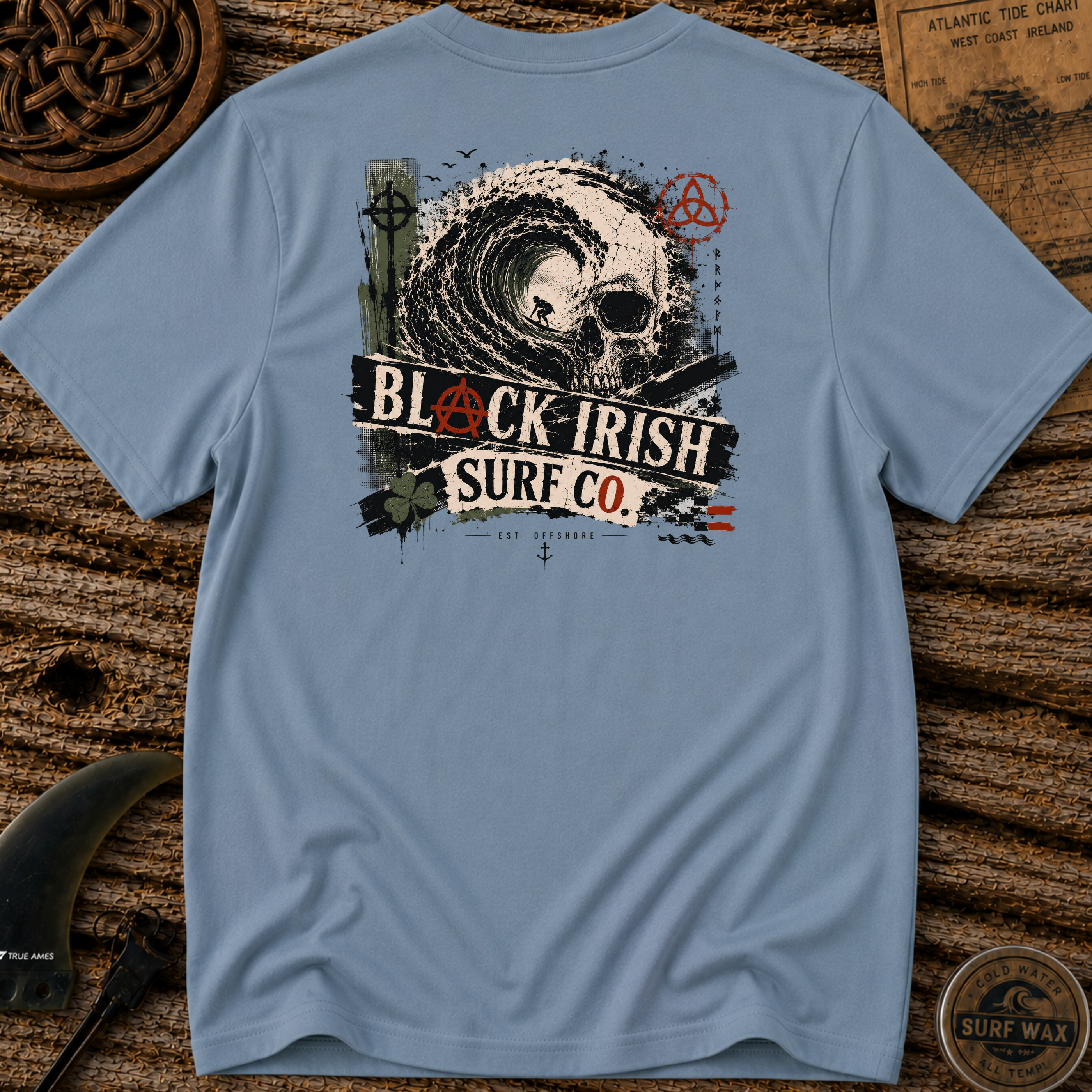 Black Irish Skull Wave  Surfing T-shirt