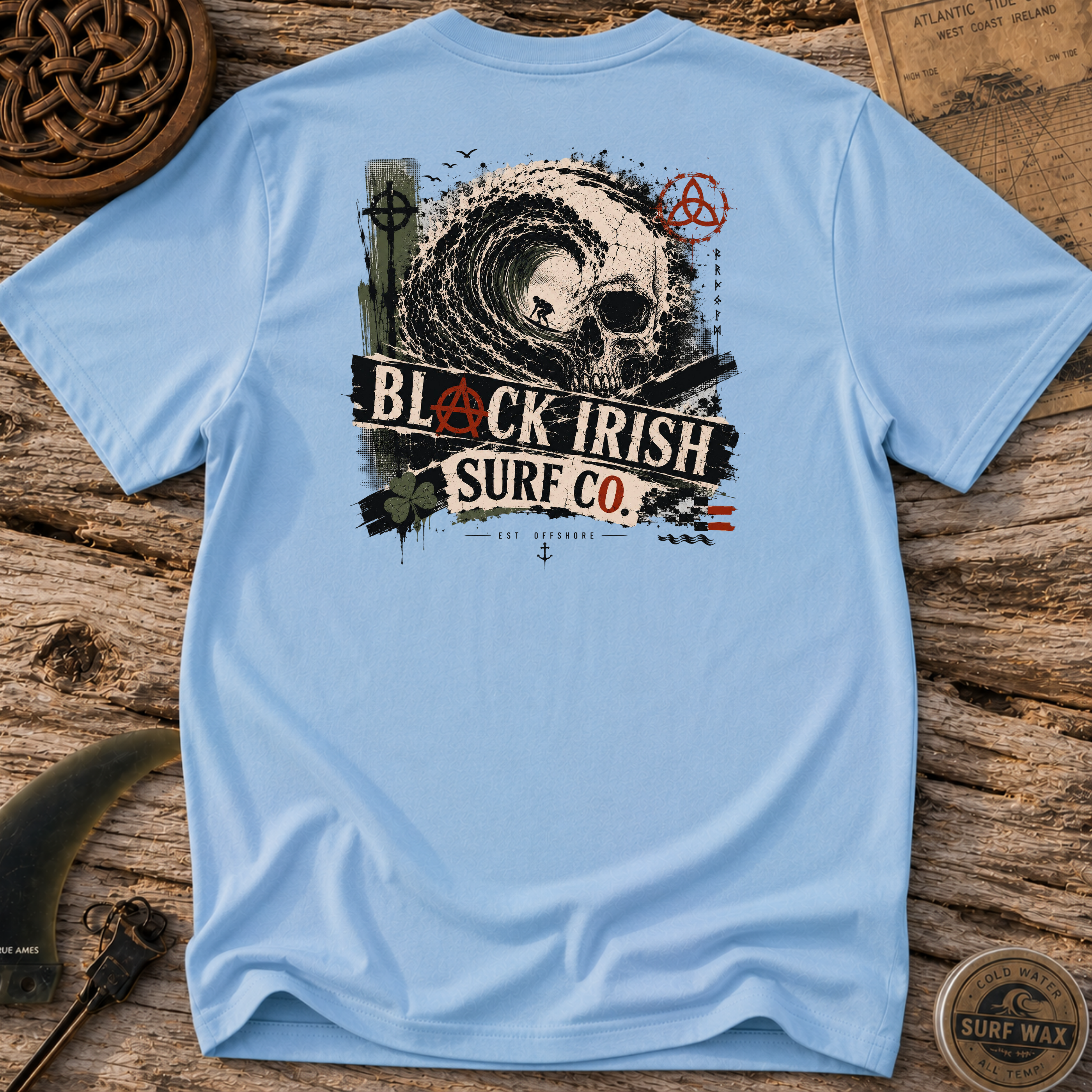 Black Irish Skull Wave  Surfing T-shirt