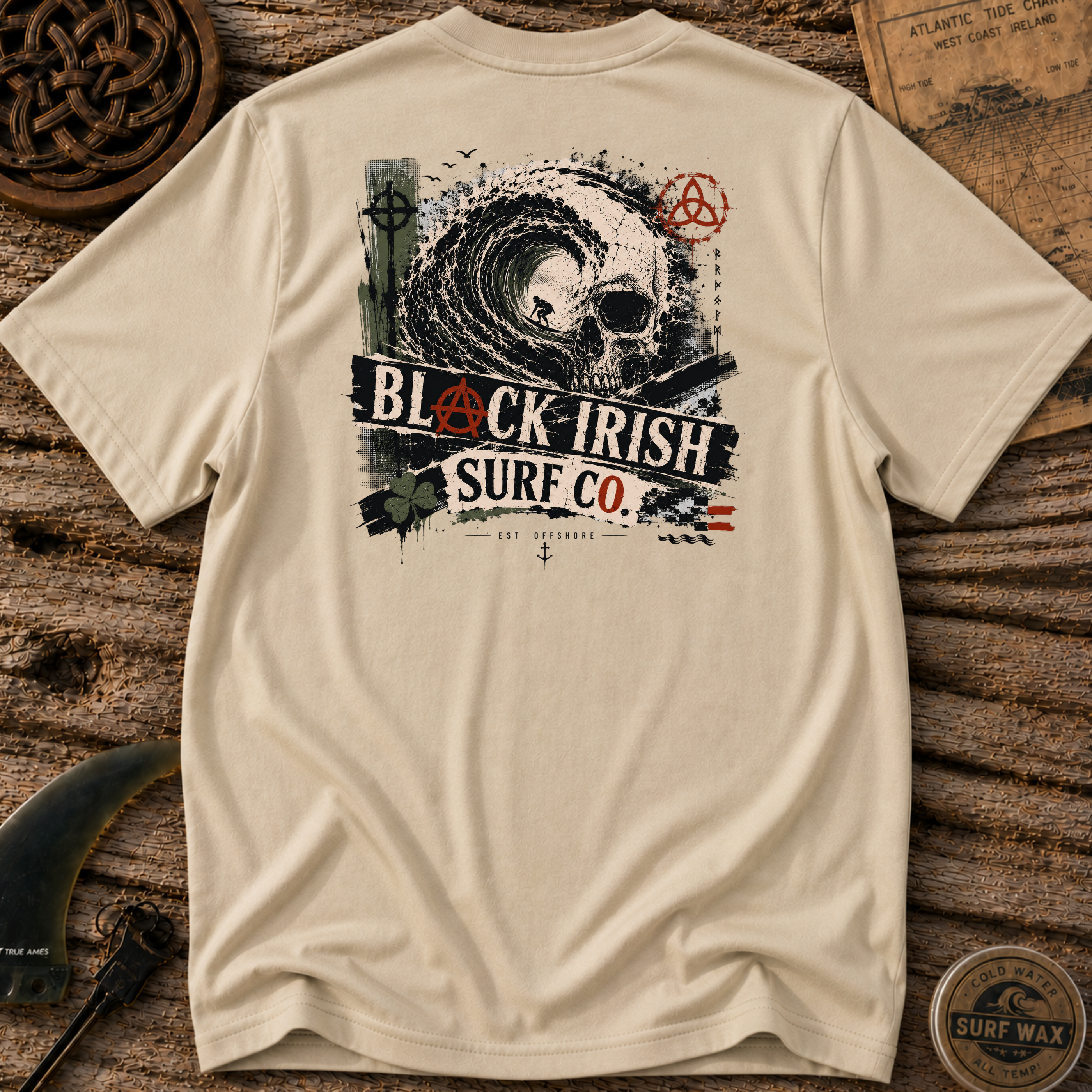 Black Irish Skull Wave  Surfing T-shirt