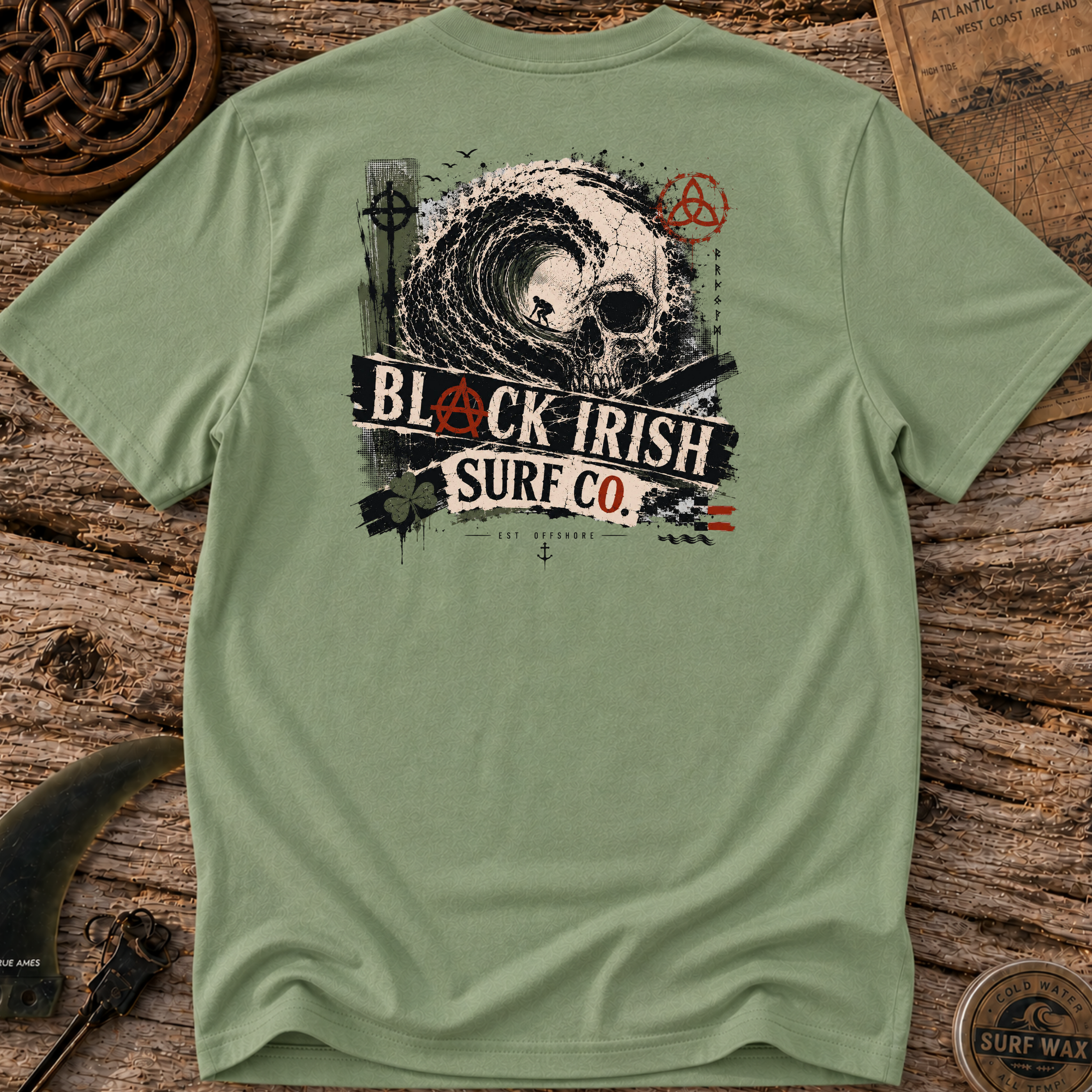 Black Irish Skull Wave  Surfing T-shirt