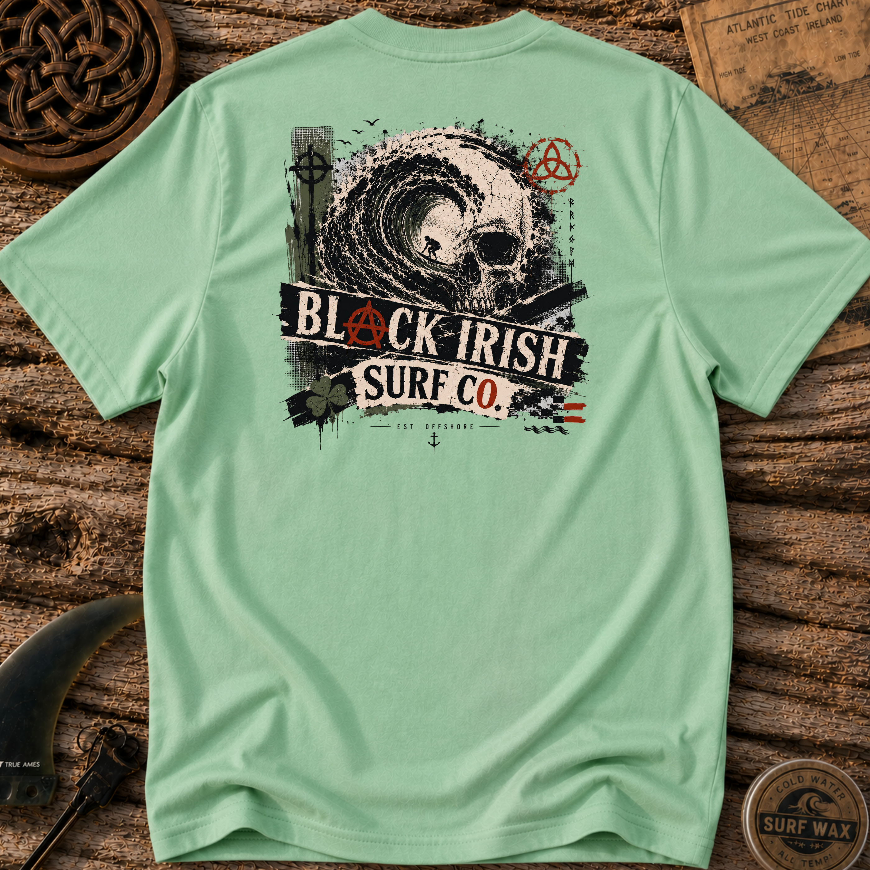 Black Irish Skull Wave  Surfing T-shirt