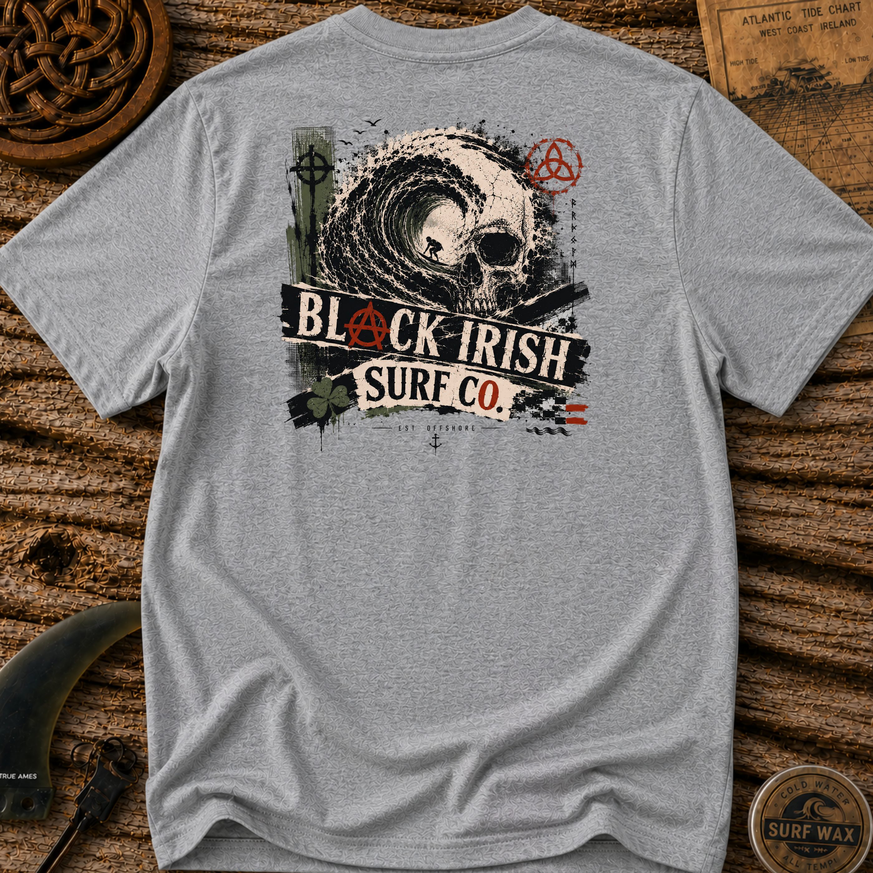 Black Irish Skull Wave  Surfing T-shirt